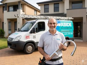 Murat Mehmet from Abide Plumbing holding a premium kitchen mixer tap next to his service van in Beaumont Hills.