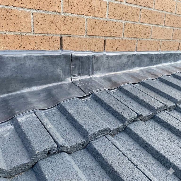 Professional lead flashing and ridge capping repair on a grey tile roof in Beaumont Hills, Hills District.