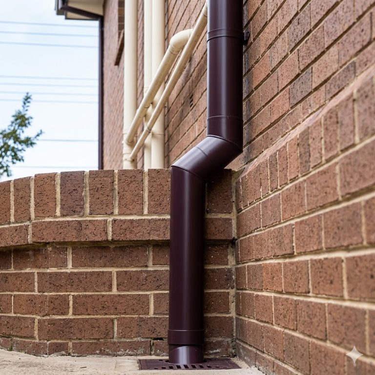 Custom downpipe installation with precision offset for a brick home in Beaumont Hills.