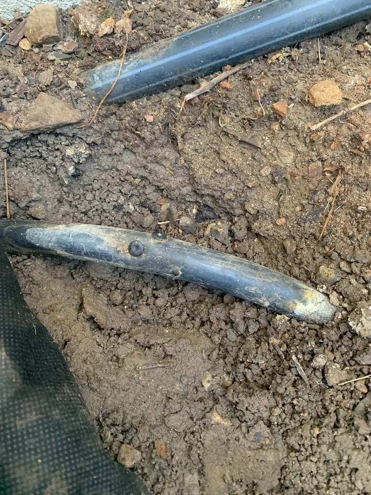 A damaged, split underground irrigation pipe leaking water into the garden soil.